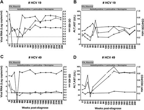 Figure 1. Persistent and resolved HPgV-2 infection. Two patients HCV19 (A, B) and HCV49 (C, D) from the HCV/HIV-1 co-infection cohort were followed for up to 240 weeks. Changes of viral RNA for HCV (circle, detection limit is 17 copies/ml by Cobas quantification) and HPgV-2 (square, detection limit is 750 copies/ml by RT-PCR) as well as anti-HPgV-2 antibody (triangle, cut-off value=0.2) were analysed and shown in the left panels. Levels of ALT (circle), AST (square) and CD4/CD8 ratio (triangle) were depicted in the panels to the right. The two patients received interferon and ribavirin therapy for 48 weeks and antiretroviral therapy as indicated in gray rectangles.