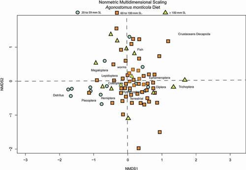 Figure 2. Results of the NMDS (stress 20.7%). Small-size = individuals between 20 and 59 mm in SL, medium-size = individuals between 60 and 100 mm SL and large-size = individuals larger than 100 mm Sl. Labels depict the 14 functional groups in which food items were clustered