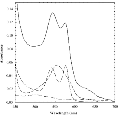 Figure 1 Representative absorption spectrum of hemoglobin encapsulated in silica gel (solid line). The contributions of deoxy- (dashed line), oxy- (dash-dot line) and met-hemoglobin (dash-dot-dot line) spectra resulting from the linear fitting are reported. The calculated fractional saturation is 0.45 and the fractional met-hemoglobin content is 0.1.