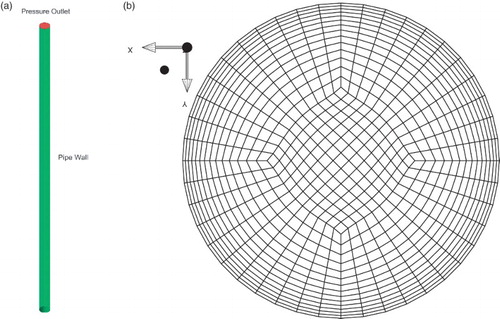 Figure 4. Details of the domain used in the simulations in section 4: (a) the domain and (b) an xy cross-section of the mesh. Note: The domain has a total height of 9.5 m and a diameter of 0.29 m; the mesh has a spacing of 0.0005 m at the wall rising to 0.0075 m at the center.