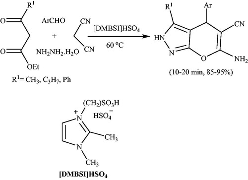 Scheme 83. Synthesis of pyrano[2,3-c]pyrazole derivatives in the presence of [DMBSI]HSO4.