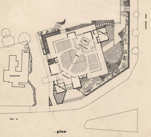 Figure 13. Cropped floor plan dated 17 February 1966, of Our Lady of Dolours Catholic Church, Mitchelton (1965), by Frank L. Cullen, Fagg, Hargraves & Mooney (UQFL432 Frank Cullen Collection).