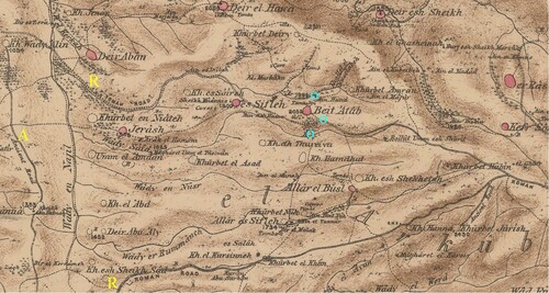 Figure 1. Portion of sheet XVII from the SWP map (Conder and Kitchener Citation1880) for the vicinity of Bēt ˁAṭāb. Villages existing at the end of the 19th century appear in red, black lines are wadis, dashed black lines are trails and double dashed lines are roads. Superimposed text: R (yellow) = Roman Road, A (yellow) = Ancient Road, ○ (cyan) = three of four springs near Bēt ˁAṭāb, where the northern one is ˁĒn Ḥod, the south-eastern one is ˁĒn Bēt ˁAṭāb and the southern is ˁĒin el-Birkeh. The southern of the two Roman roads leads from Beit Gubrin to Jerusalem.