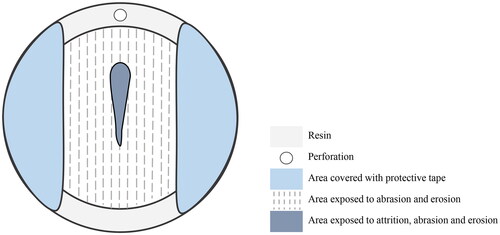 Figure 1. Schematic illustration of the different zones of a resin specimen being subjected to abrasion, erosion and attrition.