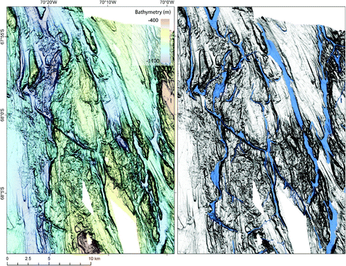Figure 6. Example of anastomosing meltwater channel network on the mid shelf incised into crystalline bedrock. The left-hand panel is the relief-shaded image and the right-hand panel shows the mapped landforms (colours are the same as in the main map). The relief-shaded image is x20 exaggeration and is shaded from above (birds-eye view).