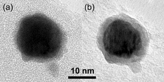 FIG. 7 TEM images of one Au–In particle (a) before and (b) after a 200 s XEDS measurement. Intense electron radiation has made the particle segregate into a Au core with an In shell.
