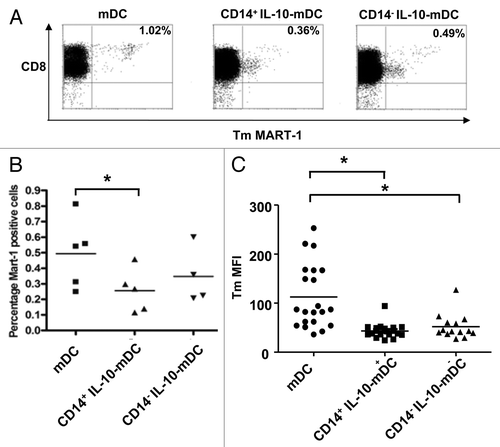 Figure 4. Induction of MART-1 specific CD8+ T cells by CD14+ and CD14− dendritic cells matured in the presence of interleukin-10. (A–C) Autologous HLA-A2+ monocyte-derived dendritic cells (MoDCs) matured in the presence (IL-10-DCs) or in the absence (mDCs) of interleukin-10 (IL-10) and sorted by CD14 expression were loaded with MART-126–35L and co-cultured with MART-1-specific CD8β+ T cells in multiple (n = 6) parallel cultures per condition per donor. (A) Representative examples of MART-126–35L HLA-A2 tetramer binding by CD8+ T cells after a single 10-d in vitro stimulation for different mDC cultures. (B) Mean 10-d priming efficiencies (in % HLA-A2+ tetramer-bound T cells) from 5 healthy donors, *p < 0.05. (C) Tetramer binding levels (by mean fluorescence intensity) from tetramer-positive priming cultures, *p < 0.05.