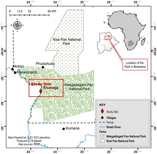 Figure 1. Map of the study area showing Khumaga. Map prepared at: Okavango Research Institute (ORI), GIS Laboratory.