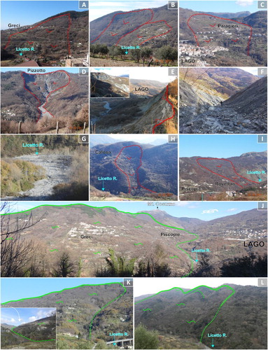 Figure 6. Examples of the typical mass movements widespread in the study area. (A–C) Panoramic view of deep slides affecting the Metapelite Unit along the Licetto River slopes; (D) general view of the Pizzotto complex landslide; (E) particular of the main scarp; (F) main landslide channel; (G) active debris fan at the toe of the Pizzotto landslide (note the upstream aggradation and the closure of the Licetto River); (H,I) other examples of complex landslide; and (J–L) panoramic view of the three Sackung-type DSGSDs identified in the study area.