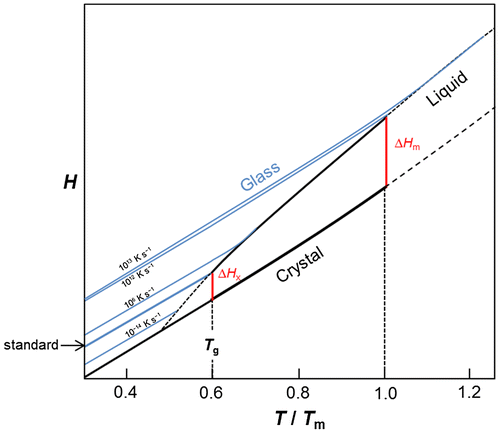 Figure 1. (colour online) Relative enthalpy versus reduced temperature for a typical bulk-metallic-glass-forming system. For such systems: the heat of melting ΔHm is in the range 5–12 kJ g-atom−1 and we can take 9 kJ g-atom−1 as representative; the glass-transition temperature and the melting temperature (more strictly the liquidus temperature) are related by Tg ≈ 0.6 Tm; and at Tg, the heat of crystallization ΔHx ≈ 0.4 ΔHm. The plot is based on the measured enthalpies for the BMG Zr52.5Cu17.9Ni14.6Al10Ti5 [Citation33] and shows the values of ΔH and specific heat (dH/dT) correctly scaled. The glass transition is conventionally taken to occur at a liquid viscosity of 1012 Pa s on cooling at 0.33 K s−1. Values of Tg at other cooling rates are obtained by scaling according to a temperature dependence of viscosity between those of Zr-based and Pd-based BMGs [Citation34].