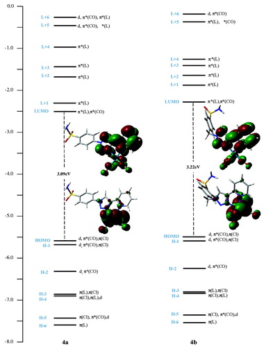 Figure 3. Molecular orbital diagrams of 4a (Left) and 4b (Right).