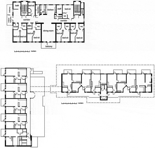 Figure 1. Plan of assisted living facility and extra-care housing (below). In comparable scales.