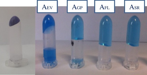 Figure 1 Gel hydration capacity. A photo showing an amount of fillers (160 mg), before and after swelling in PBS. The increase in volume is noticeable. The gels were stained with toluidine blue to better visualize phase separation and were centrifuged before acquiring the image. It is evident that AFL and ASR did not reach their maximum swelling under these conditions. The image gives an idea of the relative hydro-action of the gels.