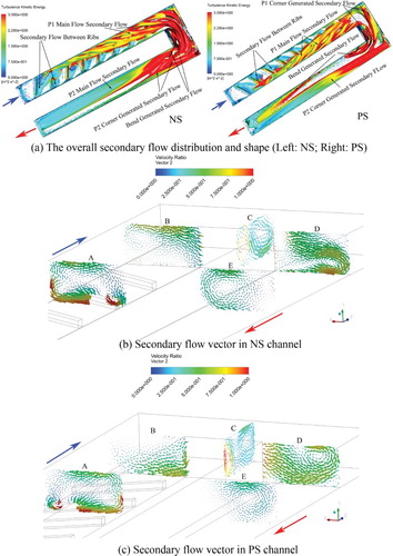 Figure 11. Secondary flow in NS and PS channel (Re = 30000). (a) The overall secondary flow distribution and shape (Left: NS; Right: PS); (b) Secondary flow vector in NS channel; (c) Secondary flow vector in PS channel.