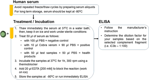 Figure 2 Serology testing protocol for evaluation of potential complement activation effects of test samples (ie, liposomes) in human serum.