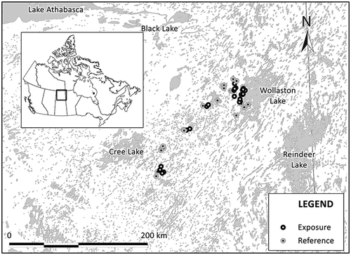 Figure 1. Map of Northern Saskatchewan showing locations of reference lakes, and lakes assessed using a reference condition approach model. Samples of benthos and sediment were collected from these lakes at various times from 2002 to 2009, from various depths, and used in the models developed herein.