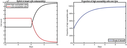 Figure 2. Dynamics of cell subpopulations (left) and proportion of high susceptible cells (right) in the absence of virus infection. Time t = 0 represents the time of morphine intake. Before the morphine intake (t≤0), the cell populations are assumed to be at the steady state Tl=T0(d+q)/(d+q+r)∼6.1×105,Th=T0r/(d+q+r)∼3.9×105 (with parameters corresponding to the absence of morphine, i.e. T0=106,d=0.01,r=0.16,q=0.24). After the morphine intake (t≥0), the parameters corresponding to the presence of morphine are used (i.e. d=0.01,r=0.5,q=4.42×10−7,Tl0=6.1×105,Th0=3.9×105).