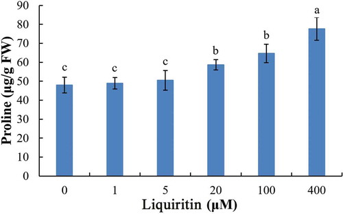 Figure 6. Proline content in roots of lettuce seedlings after treatments with liquiritin. The results presented are mean of three replicates ± SE, different letters denote significant differences at p < .05 according to oneway ANOVA with an LSD test.