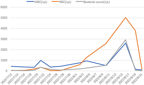 Figure 1 The number of leukocytes, red blood cells and bacteria in the patient’s urine routine during hospitalization.