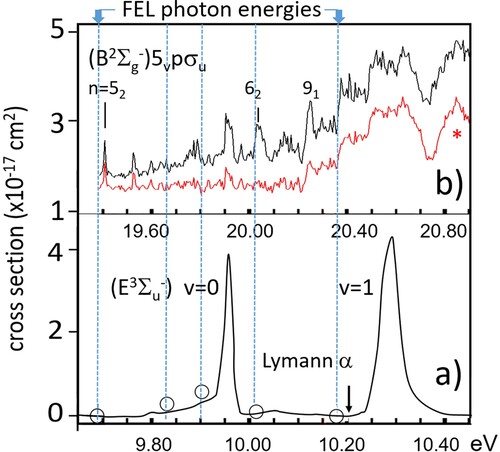 Figure 1. Absorption spectra of O2 in photon energy range of (a) 10 eV region adapted from Ref. [Citation8] at 10 eV and the total O+ yield spectrum (black line) around (b) 20 eV from Ref. [Citation9], where the red line marked (*) is O+ paired with low energy (<1 eV) electrons. Positions of the n, v states of the (B2Σg-) n(v)pσu Rydberg series are labelled in panel (b) Absolute cross sections are shown for the 10 eV range; absorption cross sections for the 20 and 30 eV (not shown) range can be estimated from Ref. [Citation10]. In the 30 eV region the absorption spectrum is constant with a cross section of ∼2 × 10−17 cm2. The FEL was set at the energy positions of the vertical dashed lines, corresponding to 127.96, 126.0, 125.01, 123.76, and 122.01 nm in the 10 eV spectrum. Other details shown in the figure are explained later in the text.