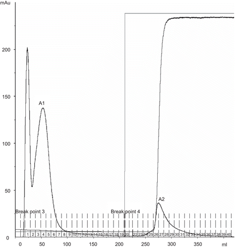 Figure 1.  Affinity chromatogram of crude protein of Parkia speciosa on Affi-Gel Blue gel column (1.6 × 10 cm) in binding buffer 1 mM Tris-HCl, pH 7.2. Dashed lines indicate use of 0–100% linear gradient of 0.5 mM NaCl in binding buffer. Flow rate 1.5 mL/min.
