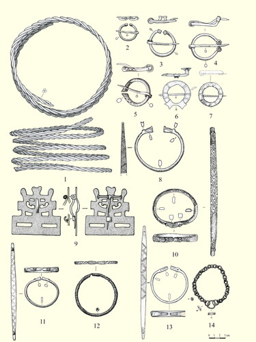 Fig 7 Western Balt-type artefacts found at Ostriv: (1) Neck ring, bronze, grave 53. (2) Penannular brooch, bronze, grave 2. (3) Penannular brooch, bronze, grave 23. (4) Penannular brooch, bronze, grave 13. (5) Penannular brooch, bronze, grave 35. (6) Pennanular brooch, bronze with white-metal alloy. (7) Pennanular brooch, bronze with white-metal alloy. (8) Bracelets, bronze, grave 2. (9) Flat ladder brooch, bronze, grave 2. (10) Bracelet, bronze, grave (11) Bracelet, bronze, grave 2. (12) Bracelet, bronze, grave 12. (13) Bracelet, bronze, grave 53. (14) Chain-distributor, bronze, grave 2. Images by A Sorokun and A Suprun.
