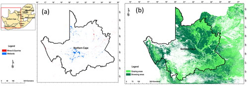 Figure 1. (a) A map of the location of Northern Cape province in South Africa and the spatial distribution of mines and wetlands. (b) Rangeland types over the Northern Cape province.
