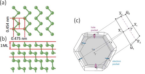 Figure 3. (a) Top and (b) side views of the atomic arrangement in Bi(110) films with the bulk-like rhombohedral structure. (c) Corresponding Brillouin zone. Reprinted with permission from (a) [Citation34] and (b) [Citation15]