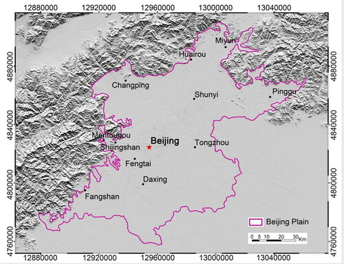 Figure 1. Beijing (China) is comprised of the Beijing Plain in the southeast and mountain in the west and north. The Beijing Plain is clearly delineated with the purple polygon.