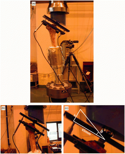 Figure 3. (a) The electro-hydraulic universal test machine with LVDT sensors. (b) LVDT jigs for connecting LVDT sensors to the implant and femur. (c) Trigonometric calculation of the rotating angle of the stem.