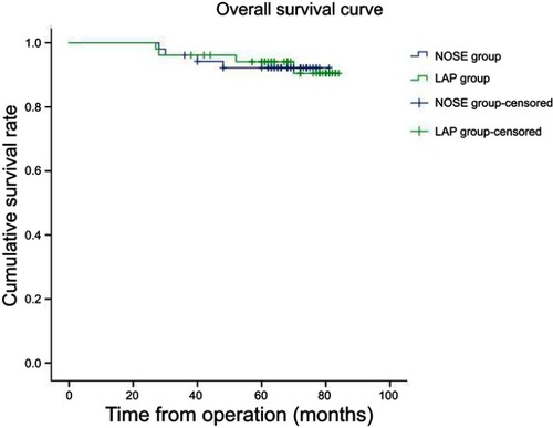 Figure 1 The overall survival curve clears that 5-year overall survival rate in the NOSE group and LAP group were 92.3% and 94.2%, respectively. There was no significant difference between the NOSE and LAP groups (p=0.985). NOSE, totally laparoscopic anterior resection with transanal specimen extraction; LAP laparoscopic anterior resection with minilaparotomy.