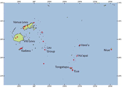 Figure 1. Natural distribution of Santalum yasi in Fiji and Tonga (after Thomson et al. Citation2018)