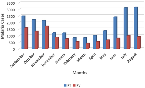 Figure 2 Trend analysis of malaria cases by months from 2015 to 2020 (Plasmodium falciparum: 21,924; Plasmodium vivax: 11,081).
