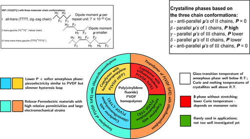 Figure 1. Schematic overview of the various conformations found in the different crystalline phases of VDF-based polymers with a brief description of their typical characteristics.