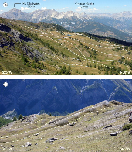 Figure 8. (a) Multiple downhill-facing scarps along the northern slope of the Monte Triplex (Susa Valley). Photo taken from Rocca Nera (2479 m), view looking West. (b) Downhill-facing scarps along the southwestern slope of Rocce Platasse, in the upper Susa Valley. Photo taken from Rocce Platasse (2817 m), view looking SW.