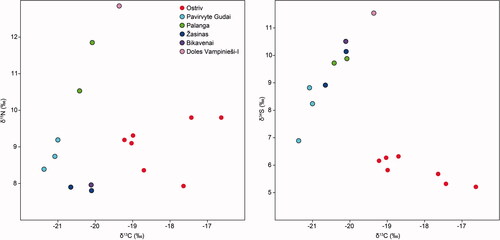 Fig 16 Human bone collagen δ13C values from Ostriv, plotted against δ15N (left) and δ34S (right) values in the same extracts. For comparison, values in individuals from several contemporaneous cemeteries in the East Baltic (mainly tooth samples) are also shown. Image by J Meadows.