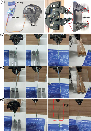 Figure 10. An application of the present microwedged surface in a mechanical gripper: (a) A gripper with its tongs attached by the D-90 sample, which is manipulated by a controller powered by a battery; (b) Transportation of a light glass plate (15 cm × 15 cm × 2 mm, 112.5 g) by the gripper with the D-90 microwedged surface; (c) Transportation of a heavy glass plate (20 cm × 15 cm × 5 mm, 400 g) by the gripper with the D-90 microwedged surface; (d) Transportation of the same glass plate by the original gripper without any microwedged surface on its tongs.
