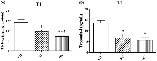 Figure 3. TNF-α (A) and Troponin-I (B) levels in incubation (T1) solution after 4 h (***p < .001 and *p < .05; compared to CD group).