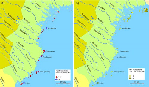Figure 8. Map showing the distribution of sites with hut foundations in the Norr- and Västerbotten counties. (a) Hut foundations situated at levels between 10 and 20 m a. s. l. roughly corresponding to the period AD 1–1100. (b) Hut foundations situated between 5 and 9 m a. s. l. corresponding to AD 1200–1500. The coastline is set to 10 m above the present sea level corresponding to c. AD 1000.