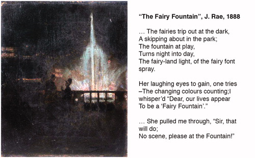 Figure 8. Left: John Lavery, The Fairy Fountain, Glasgow International Exhibition (1888). Wikipedia Commons. Right: Lyrics to “The Fairy Fountain,” a song written about the International Exhibition of 1888 by J. Rae and published by W. Hicks in 1888.