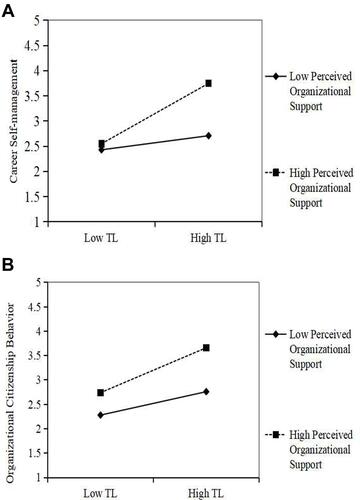 Figure 2 (A) The interactive effect of perceived organizational support and TL (transformational leadership) on career self-management. (B) The interactive effect of perceived organizational support and TL (transformational leadership) on OCB.
