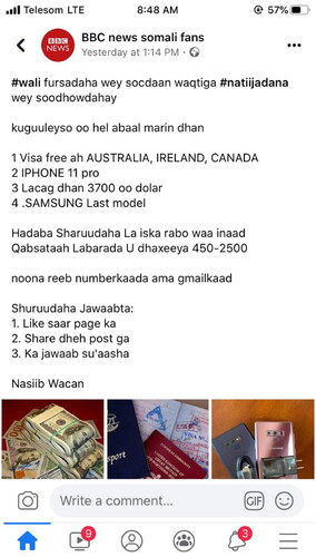 Figure 2. Screenshot of facebook post from 'BBC news somali fans'.