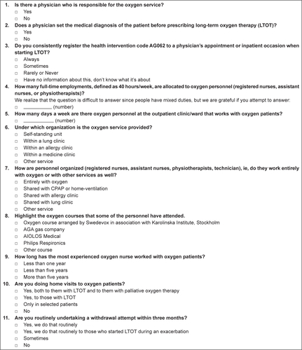 Figure S1 English translation of the web-based questionnaire from 2014.Note: Intervention code AG062: this is a health code that refers to start of oxygen treatment.Abbreviations: LTOT, long-term oxygen therapy; PaCO2, partial pressure of arterial carbon dioxide.