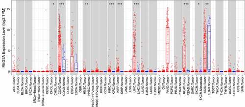 Figure 1. Reg3A expression in cancers in tumor immune estimation resource database. *, P < 0.05; **, P < 0.01; ***, P < 0.001