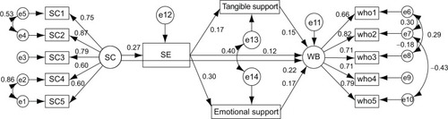 Figure 3 SEM model with standardized regression weights for male respondents.Notes: CMIN/DF =3.548; RMSEA =0.037; PCLOSE =1.000; GFI =0.970; AGFI =0.949; CFI =0.980; TLI =0.970.Abbreviations: SEM, structural equation modeling; SC, social cohesion; SE, social embeddedness; WB, well-being; CMIN/DF, minimum discrepancy divided by degrees of freedom; RMSEA, root mean square error of approximation; PCLOSE, p-value for test of close fit; GFI, goodness of fit index; AGFI, adjusted goodness of fit index; CFI, comparative fix index; TLI, Tucker-Lewis coefficient.