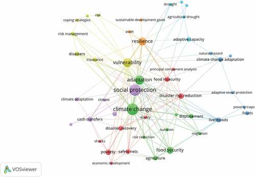Figure 3. Network map of author’s keywords (2 co-occurrence criteria with 61 Keywords, excluding country names). Retrieved 23 October 2021