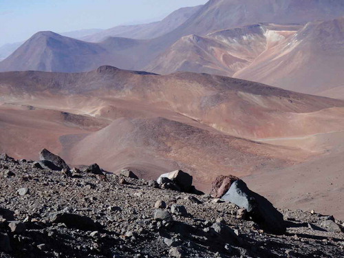 Figure 2. Photograph taken on Volcán Llullaillaco in February, 2009 looking down from 5800 m.a.s.l. to the landscape between Llullaillaco and Socompa. The immediate foreground shows the Mars-like tephra material (at 5800 m.a.s.l.) dominated by N. friedmannii OTUs.