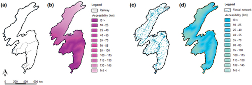 Figure 3. Building accessibility maps from topographic maps: (a) railway, (b) accessibility to the railway, (c) fluvial network, and (d) accessibility to navigational rivers.