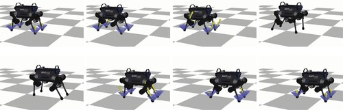 Figure 5. Snapshots of solution trajectory of the whole-body optimal control of ANYmal's 0.8 m aggressive jumping motion. The yellow arrows and blue polyhedrons represent the contact forces and friction cone constraints, respectively, which are not illustrated while the robot is flying.