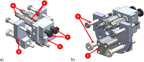 Figure 13. Stoppers subassembly: (a) general view, and (b) pneumatic actuator (A - mechanical limit plunger system, B - M8 inductive sensors, C - tuning bracket, D - base, E - pneumatic actuator, F - stops, and G - threaded shafts).